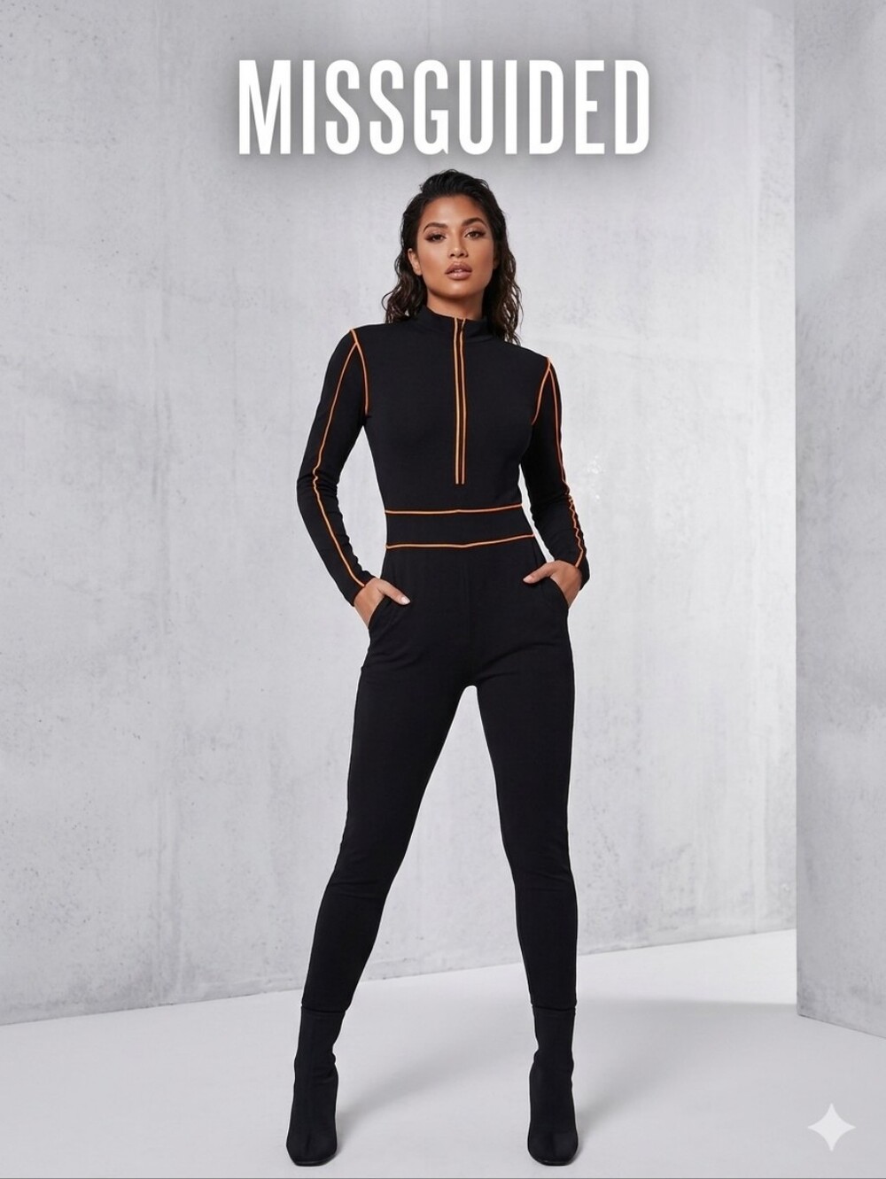 Missguided Black Jumpsuit with Orange Piping Like New ❤️
